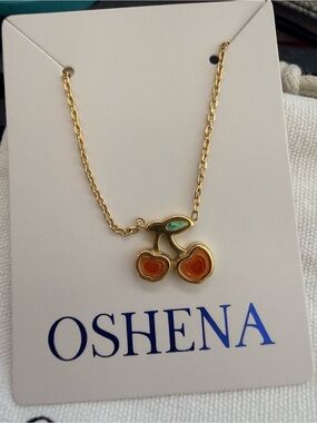 OSHENA Weatherproof Gold-Tone Cherry Pendant Necklace 18K gold PVD plating